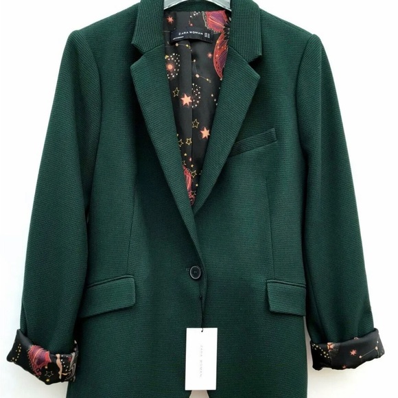 ZARA BLAZER GREEN BOTTLE WAFFLE STRUCTURED LAPEL COLLAR PIQUE COAT JACKET - S - Picture 4 of 7
